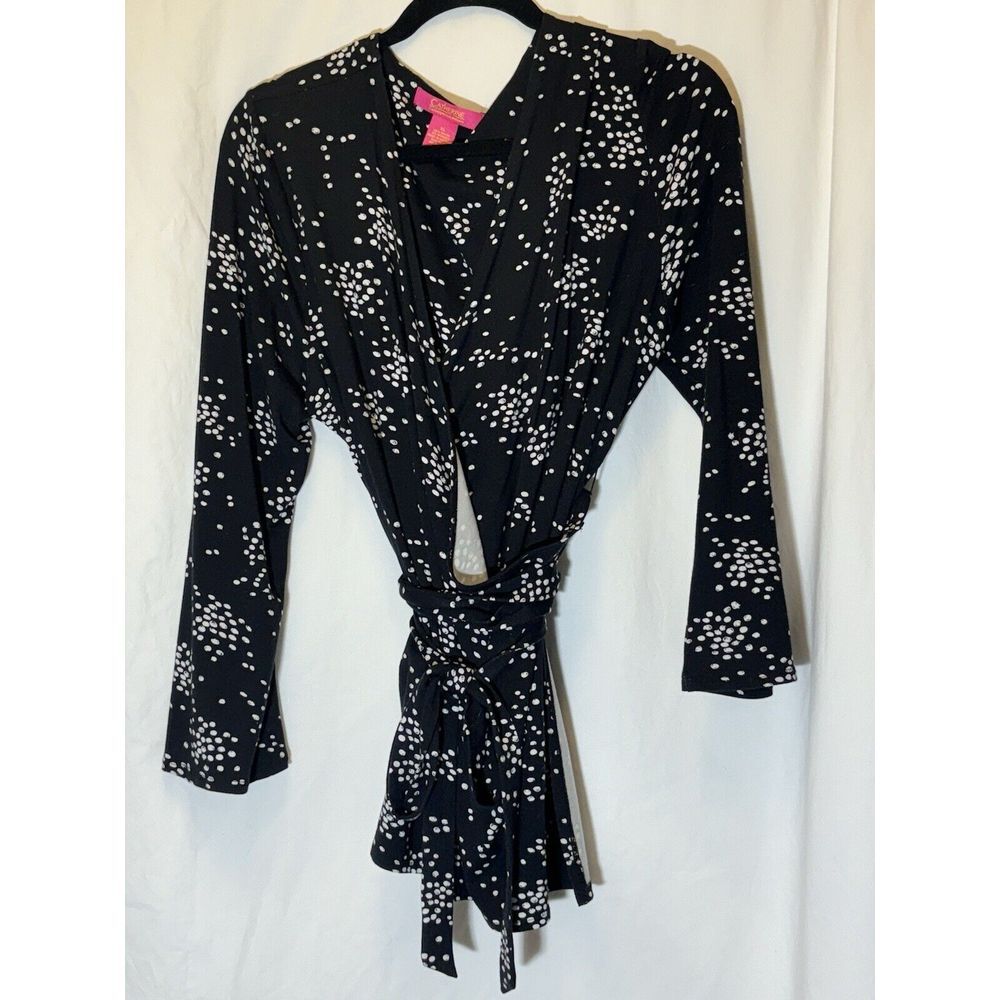 Catherine Malandrino Dress 6 Black Dot Print Stretch Long Sleeve Wrap Dress Y9‎
